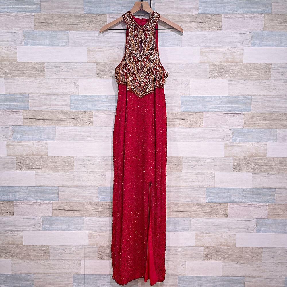 Laurence Kazar Beaded Sequin Halter Ball Gown Red Silk Prom Formal Womens Medium